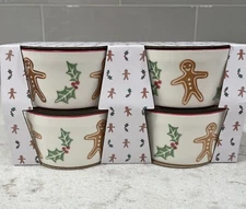 Set of 4 Gingerbread Man & Holly Prima Design Christmas Ceramic Ramekins NEW