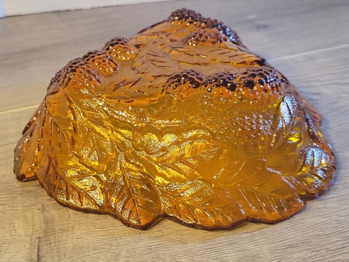Vintage Bernstein Gold Indiana Karneval Glas Dreieck Süßigkeiten Schale Beeren und Blätter - Bild 2 von 12