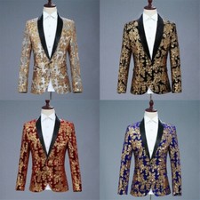Hommes Floral Paillettes Sequin Revers Châle Costume Veste Velours Blazer Bal