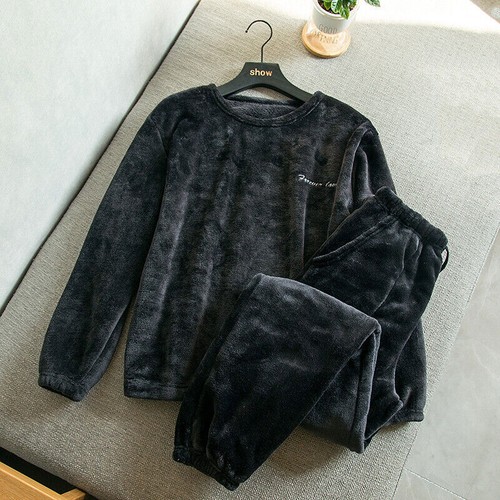 Herren Nachtwäsche Pyjama Set Flanell Koralle Fleece Pullover Oberteil Langarm Warm Anzug - Bild 3 von 22