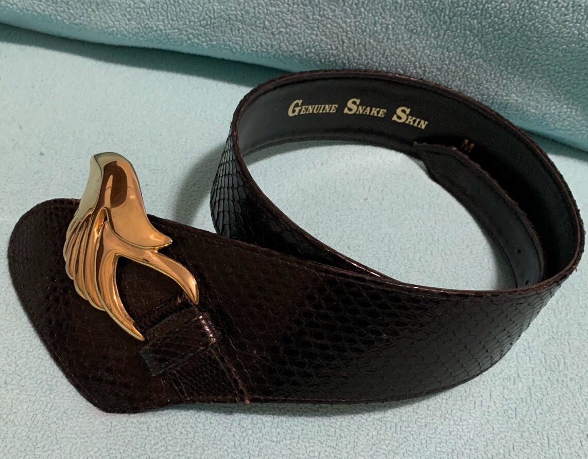 Genuine Snakeskin Black Fashion Belt Gold Buckle Retro 80s  display picture 3