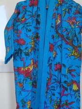 Indischer handgefertigter Kantha Quilt Kimono Morgenmantel Vogel bedruckt Bau...