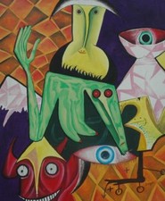 Original Colorful Oil on Canvas Pop Surrealism Outsider Art Signed Lugo