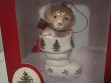Spode Christmas Tree Puppy in Boot Brown Dog Ornament /NEW