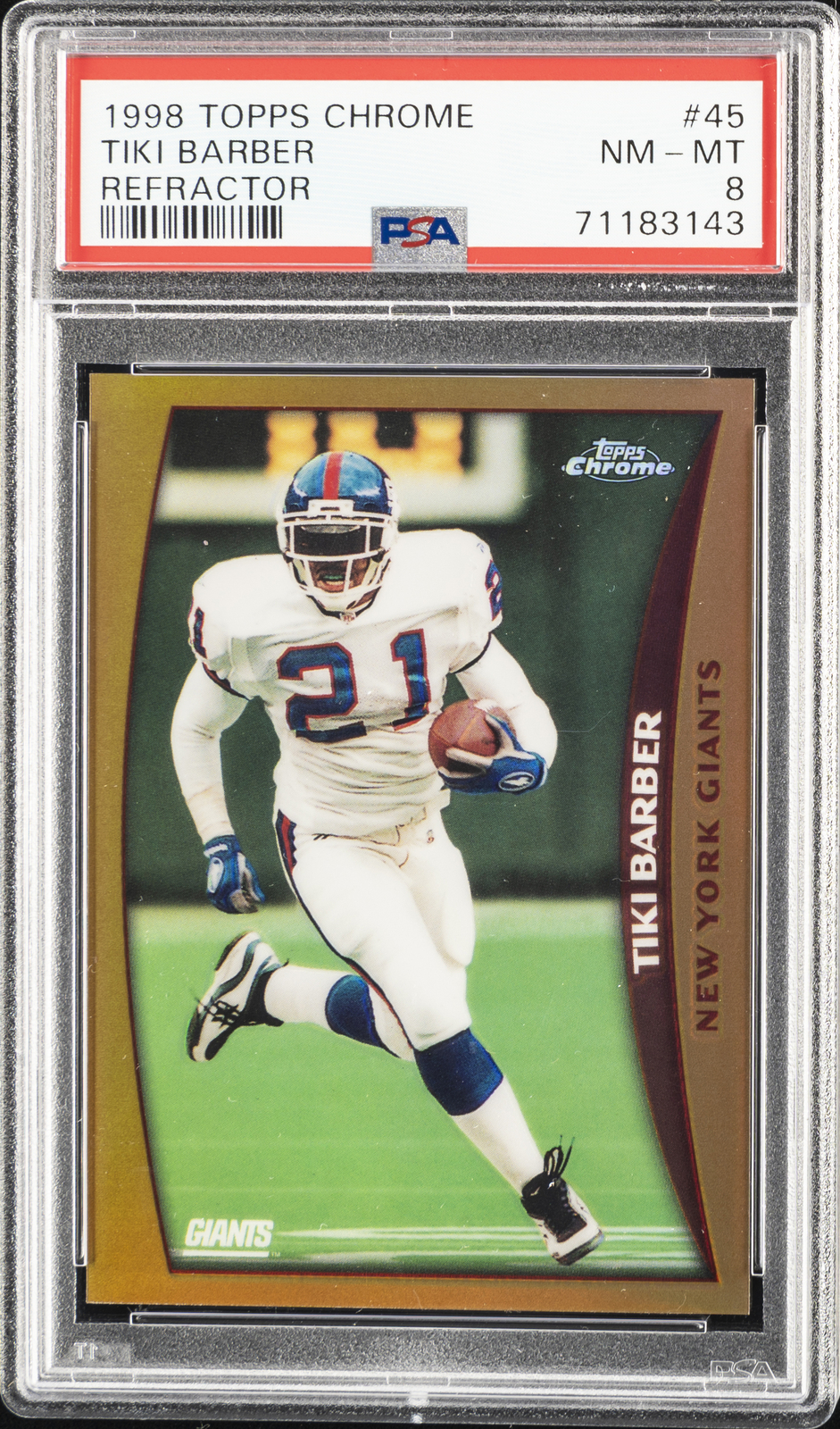 1998 TOPPS CHROME REFRACTOR #45 TIKI BARBER PSA 8