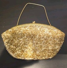 VTG Hand Beaded Gold Satin Clutch W/ Gold Tone Chain Strap Made In Hong Kong