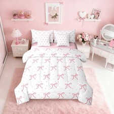 Girls Pink Bowknot 7-Piece Bedding Set Full Size, Girly Bows Cartoon Comforte...