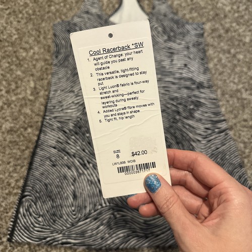 Lululemon NWT Seawheeze COOL RACERBACK *SW Sz 8 WDIB Thumb Print White Black - Picture 2 of 6