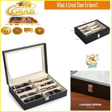 Leather Sunglasses Jewelry Organizer 8 Slots Box with Lock and Acrylic Top