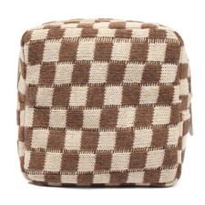 Small Brown Makeup Bag for Purse, Mini Checkered Cosmetic