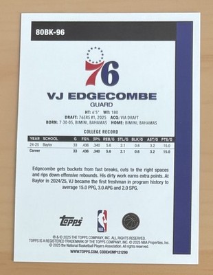 2025-26 Topps VJ Edgecombe 45th Year Anniversary Rookie #80BK-96