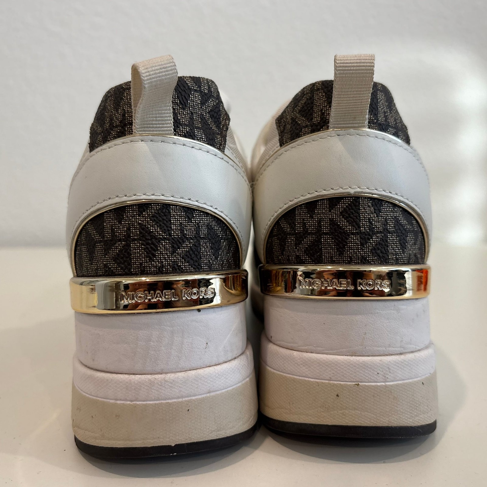 Michael Kors Georgie Trainer Wedge Sneakers in Optic White & Brown Signature Log thumbnail 3