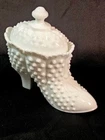 Vintage Fenton White Milk Glass Hobnail Victorian Shoe Candy Dish with Lid Cover