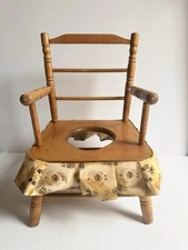 Vtg 1950s Wooden Potty Arm Chair Original Oilcloth Ruffle Toilet Training Throne