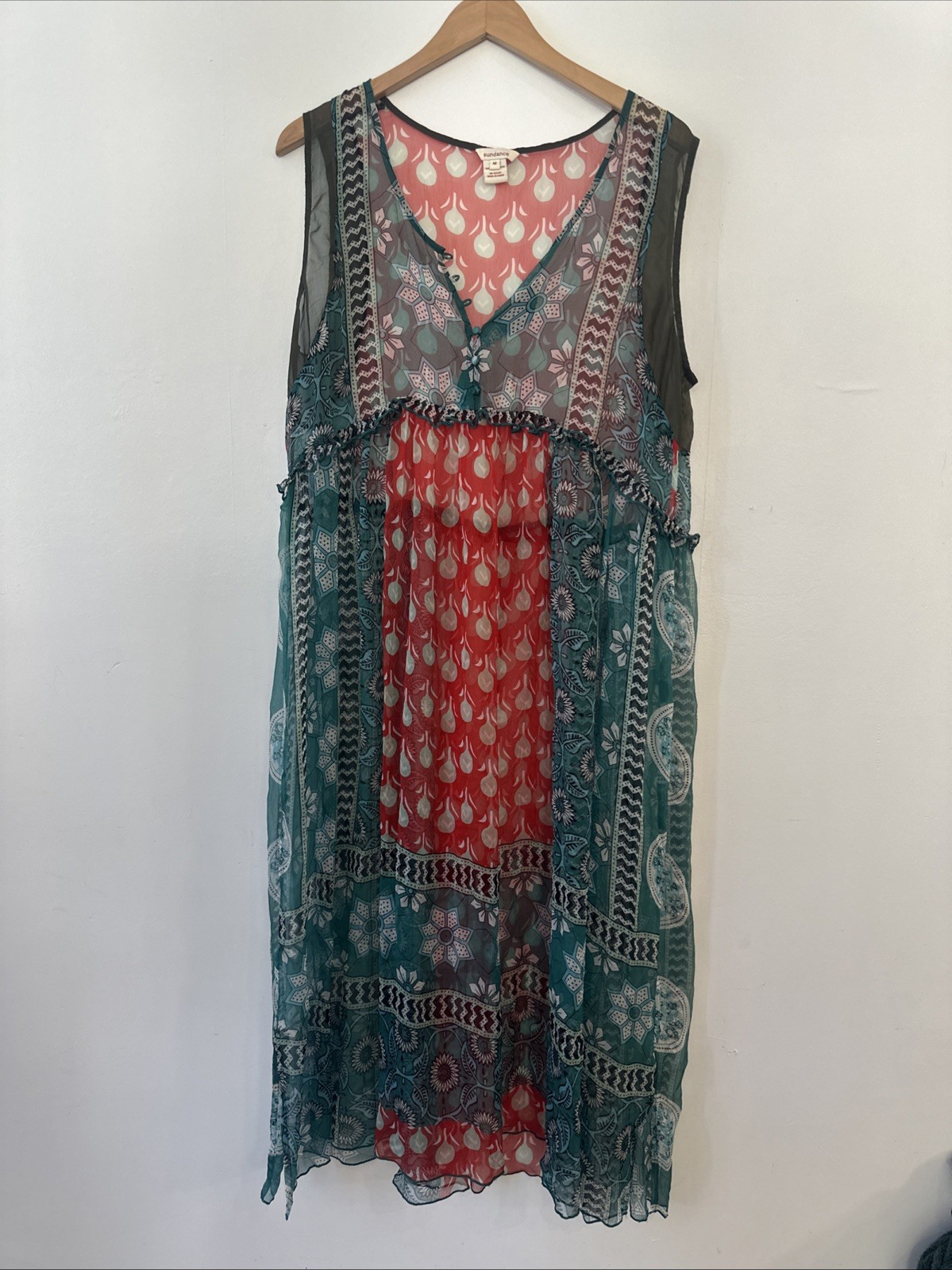 Sundance Silk Tank Tiered Bohemian Dress Teal Red Pattern Size M Missing Slip