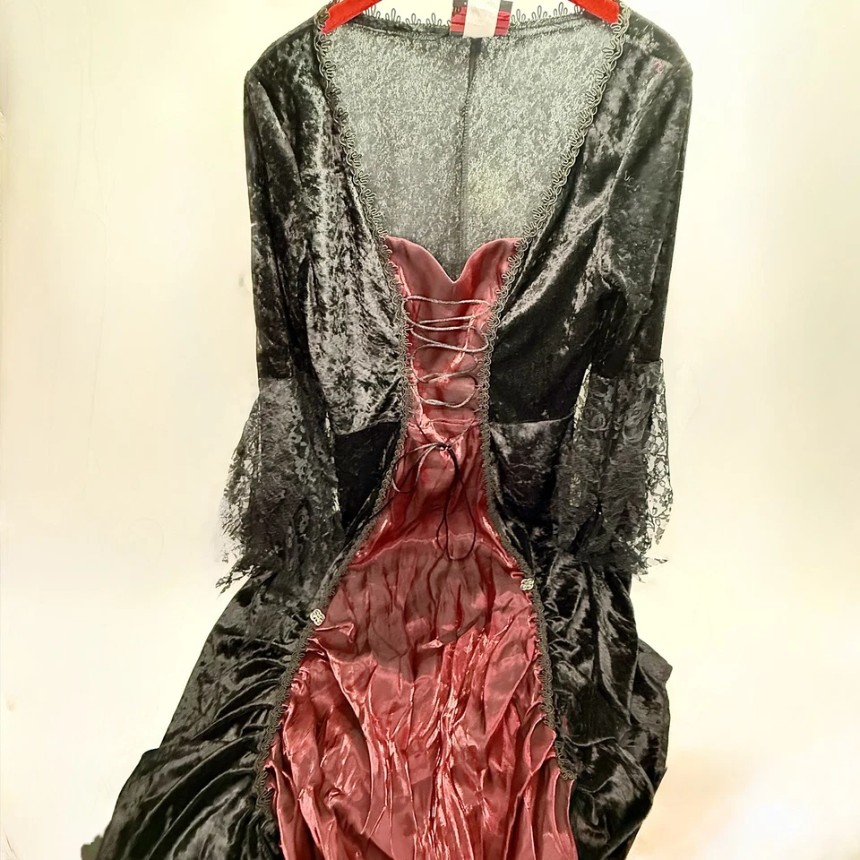 VTG Y2K Gothic Black Red Velvet Vampire Dress, Petticoat ,Choker & Fang Set sz L - Image 4 of 4