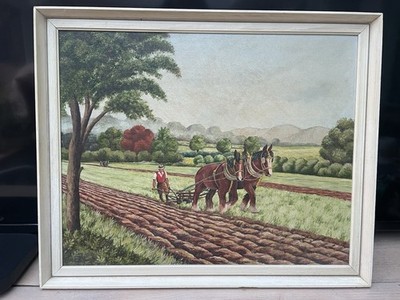 Vintage Original Ölgemälde signiert - Auenland Pferde bei der Arbeit auf den Feldern