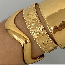 Gold Tone Chunky Cuff Bracelet Hammered Adjustable Swivel Curved Boho Fall