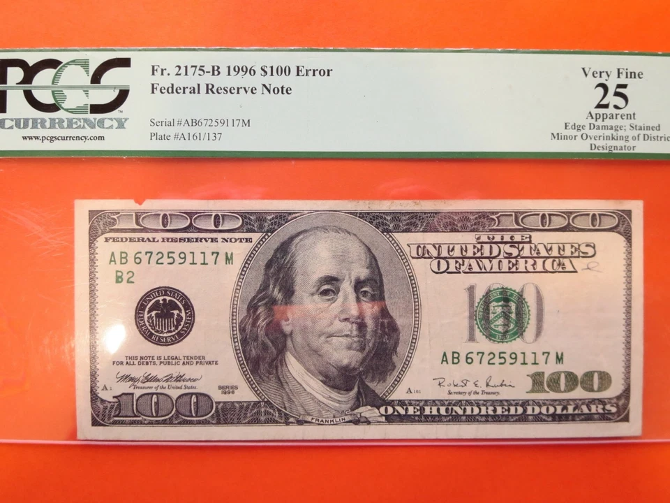 $100 1996 federal reserve note graded error:  edge damage stained  26-023 - Image 2 of 3