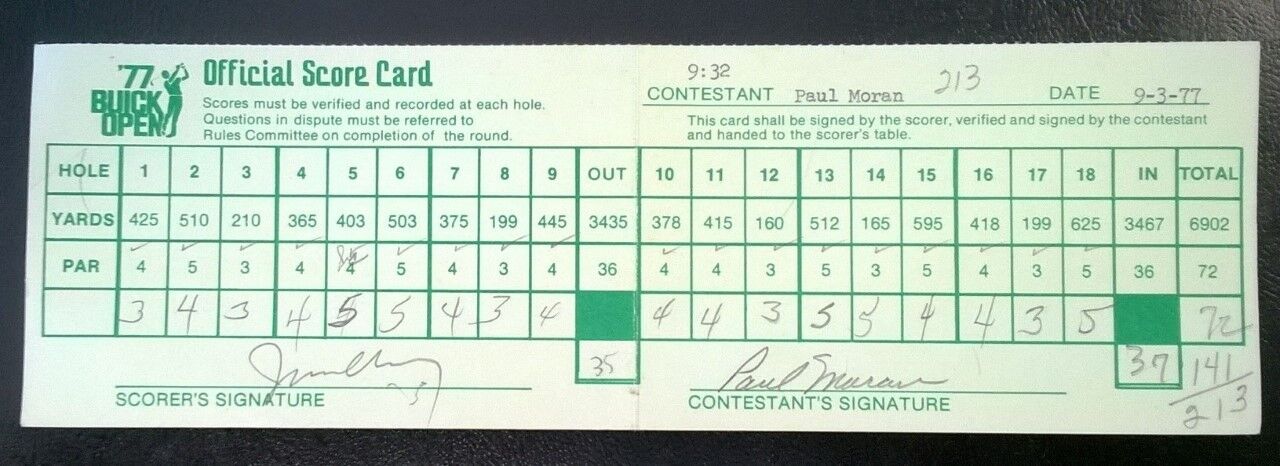 PGA GOLF 1977 BUICK OPEN TOURNAMENT SCORECARD PAUL MORAN 9/3/77