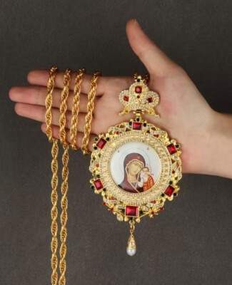 Orthodox Virgin Mary Child Pectoral Cross Rhinestones Zircons Necklace Panagia
