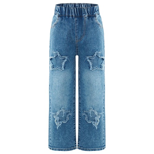 Kids Girls Jeans Star Patches Trousers Casual Denim Pants School Wear Hip Hop - Picture 8 of 25