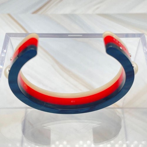 GUCCI Cuff Bracelet Bangle Blue/Red Resin Faux Pearl Bee XS Inner Dia.: 2" - Picture 10 of 11