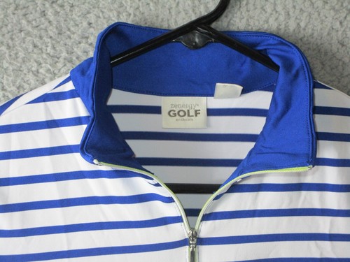 ZENERGY BY CHICO'S WOMEN'S GOLF SHIRT WHITE BLUE NEON SIZE 0 SMAL USED POLYESTER - Picture 2 of 3
