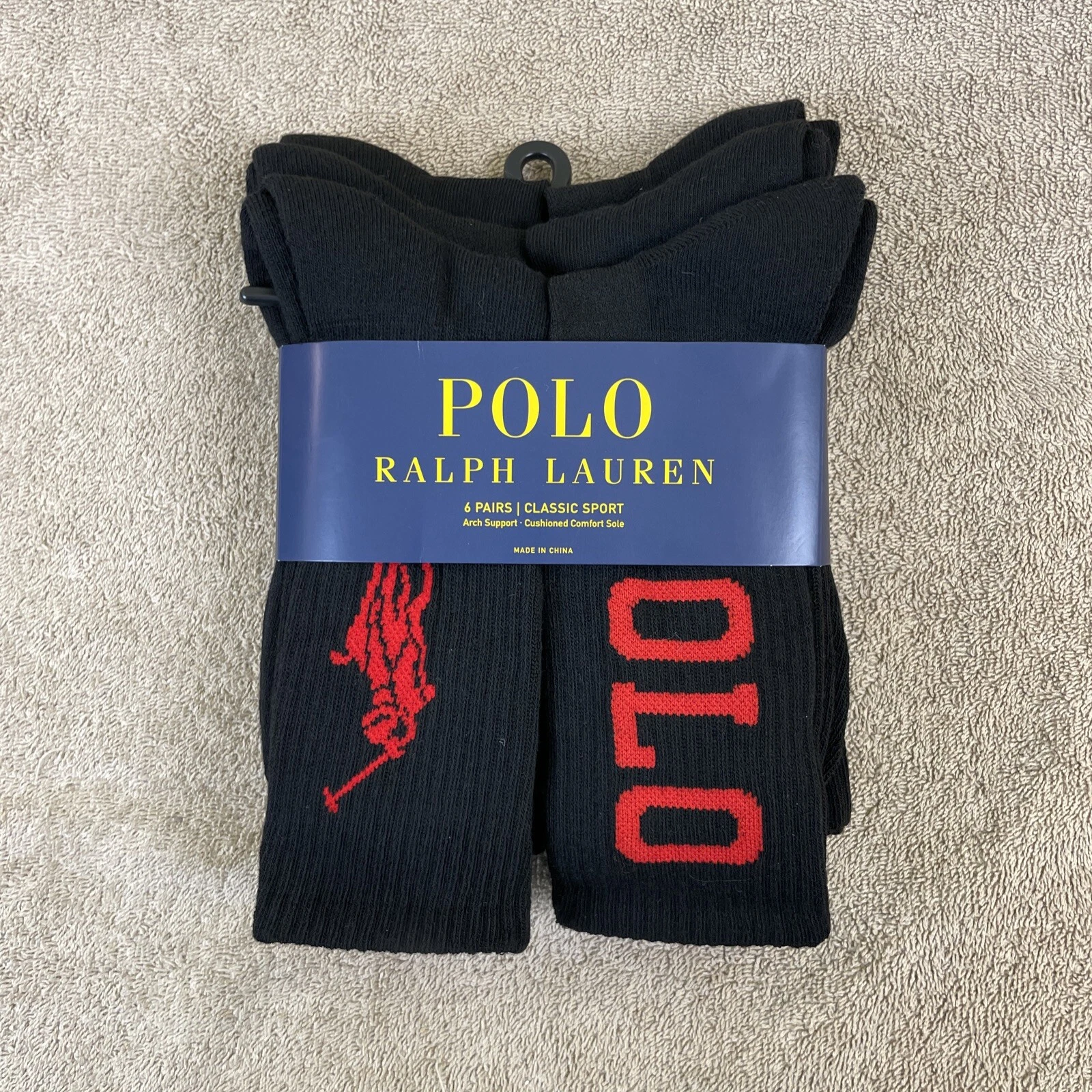 NEW 6 Pairs POLO Ralph Lauren Men's Classic Sport CREW Sock BLACK Size 10-13 NWT