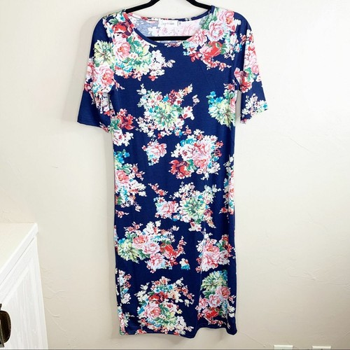 Sign Here Boutique Brand Blue Floral Short Sleeve Midi T-Shirt Dress Size M