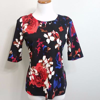 JL Jules Leopold Floral Blouse Black Elbow Length 1/2 Zip Back Stretch Size XS