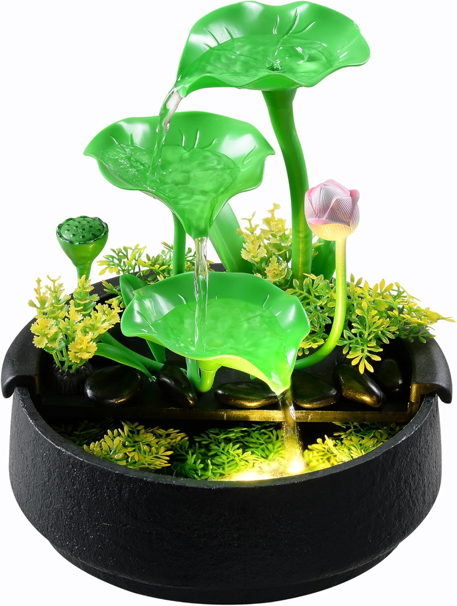 Tabletop Fountain 3-Tiers Lotus Leaf Small Waterfall Fountains Indoor Water Fountain With Rocks LED Ring Lights Home Decoration - 15