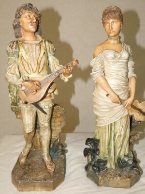Sculpture terre cuite polychrome "couple de musiciens" marqué BU 912 époque XIXe - Photo 1/4
