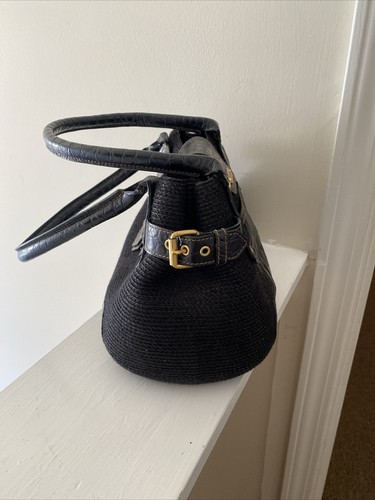 Eric Javits Black Woven Squishee Straw Croc Embossed Leather Shoulder Bag - Picture 2 of 16