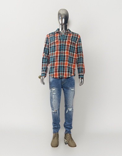 American Eagle Shirt Mens Large Blue Orange Plaid Flannel Button Up Long Sleeves - Picture 8 of 9
