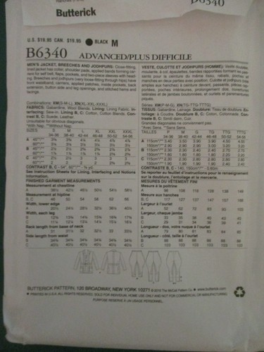 Sewing Pattern Butterick B6340 Historic Design for Men's acket Breeches Jodhpurs - Picture 3 of 3