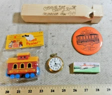 Misc train items: wood whistle, pencil sharpener, Remington pocket watch, ++ (C)