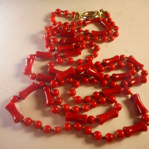 Vtg Designer Carved Red Coral Beaded Knotted Necklace 34" - Picture 5 of 7