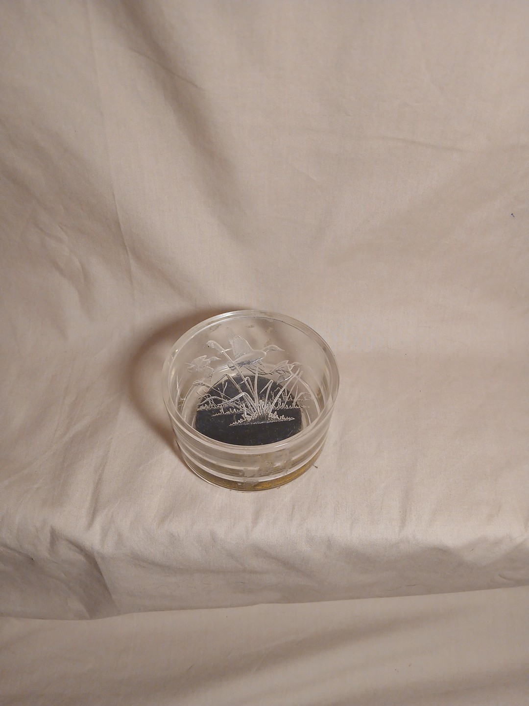 Vintage Clear Acrylic Lucite Lidded Trinket Box Etched Ducks