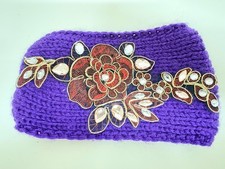 Purple KNIT HEADBAND Wool Red Flower Embroidery Button Wide Ear Warmer Headgear
