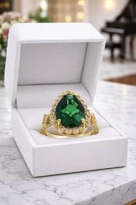 Judith Ripka 14K Gold Clad Emerald CZ Cocktail Ring Pear Halo Size 8