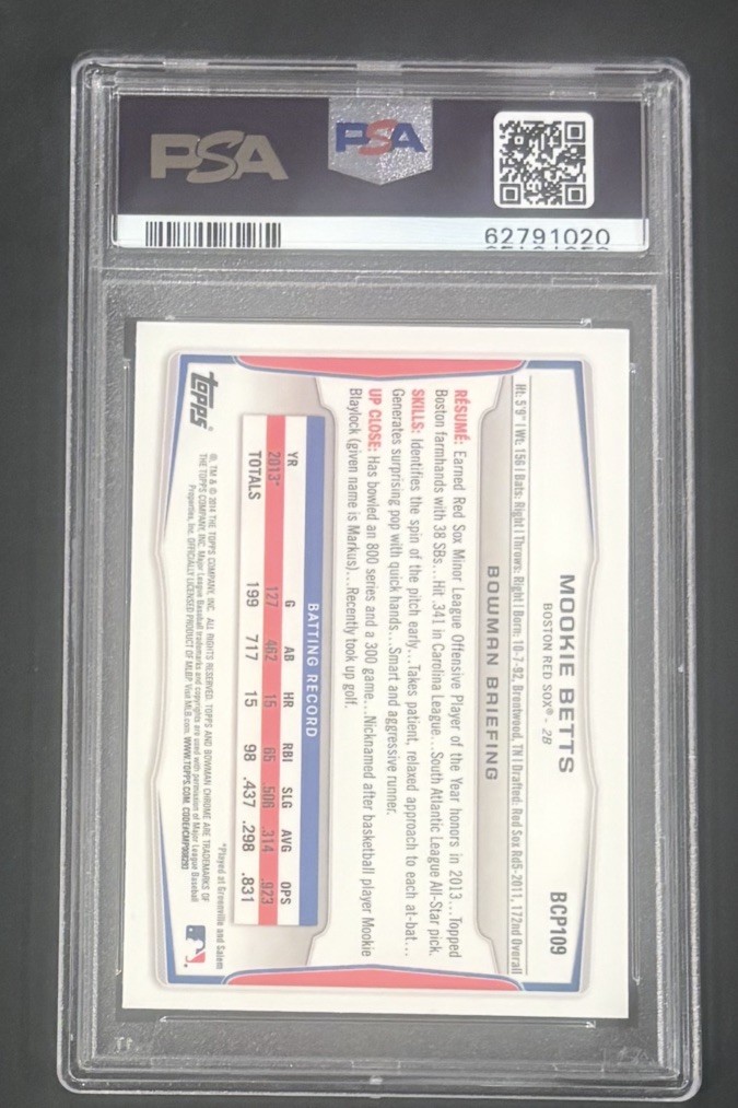 Bowman 2014 Bowman Prospects Chrome 1st Mookie Betts #BCP109 PSA 9 Red Sox view 2