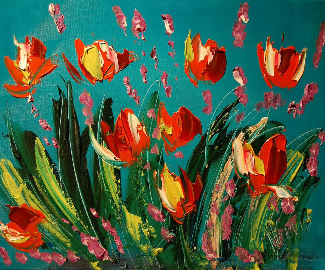 FLOWERS ABSTRACT   AMAZING CITYSCAPE ORIGINAL PAINTING BY M.KAZAV CANVAS  r7utr
