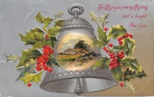 Christmas~Country Vignette on Pewter Bell~Holly Berry~Silver to Bronze Fade~Emb