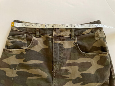 Zara Womens Camo Denim Shorts Sz 2 High Rise Rolled Hem