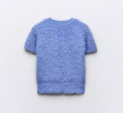 NWT ZARA Short-sleeved Faux Fur Jewel Sweater Blue 7901/339 Size S - Picture 2 of 6
