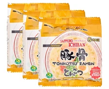 (3 Pack) SAPPORO ICHIBAN Tonkotsu Ramen Noodle Soup, White Chicken Broth, 5 Bags