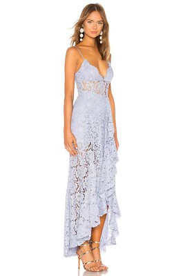 $300 NBD sleeveless maxi lace dress with cascading ruffle in pale blue sz L  | eBay