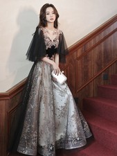 Evening Dress Light Luxury Women's Lace Dress Sequin Floral Banquet Black Dress