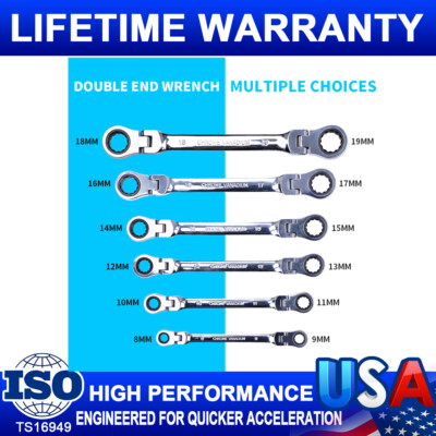 6Pc Extra Long Ratcheting Wrench Spanner Set Double Box End Flex-Head SAE Metric